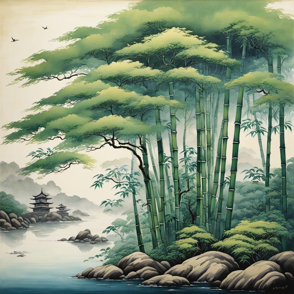 Bamboo Grove in Yamato-e Style Oil Painting