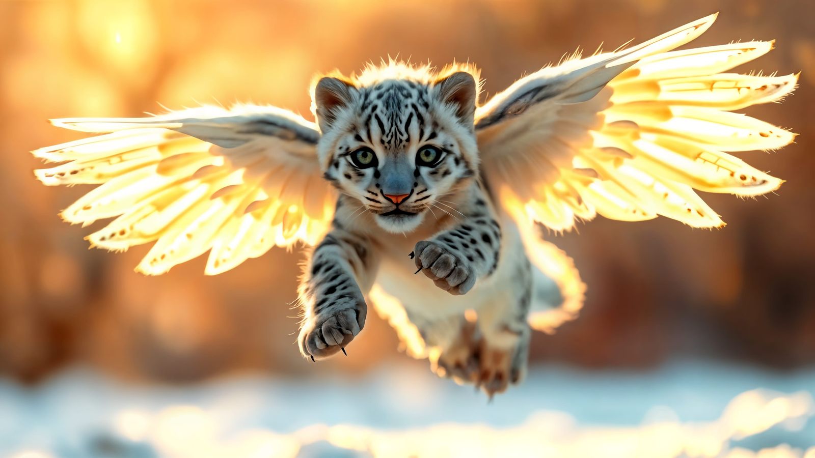 Snow Leopard Cub with Owl Wings in Dreamy Light