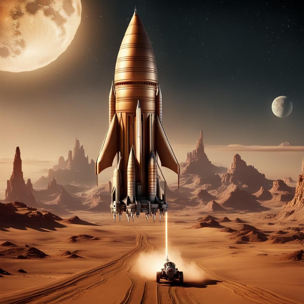 1930s Rocket Ship Over Desert Moon