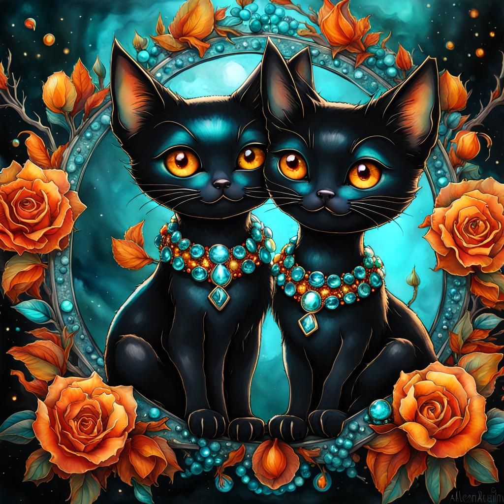 Chibi Kittens with Orange Eyes in Alcohol Ink Style