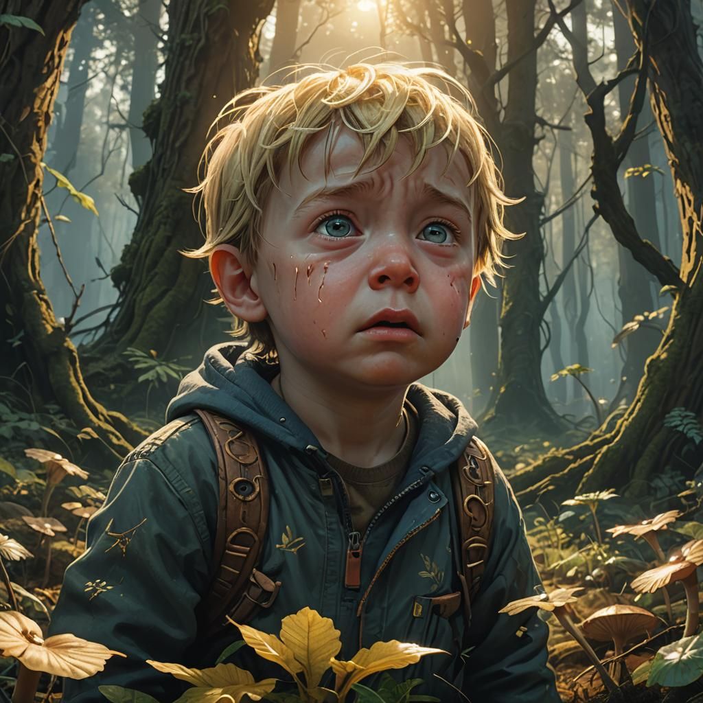 Crying Baby in Mystical Forest, Fantasy Concept Art