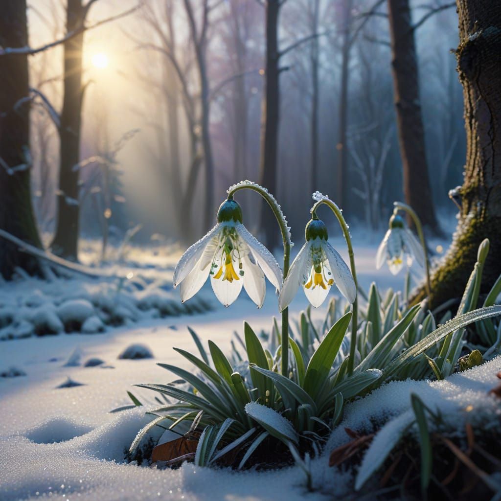 Delicate Snowdrop Pushes Through Frosty Snow in Serene Fores...