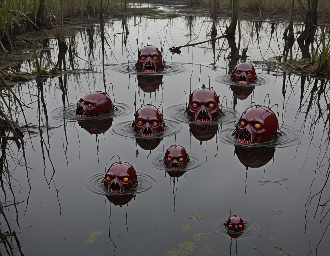 Bloated Heads Leaking Oil over Abandoned Swamp