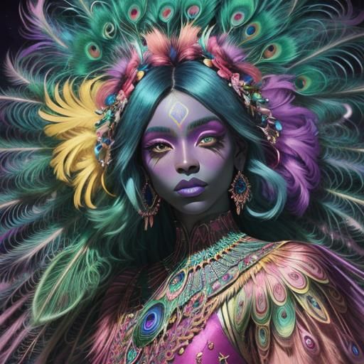 Rainbow Woman with Peacock Feathers, Astral Illustration