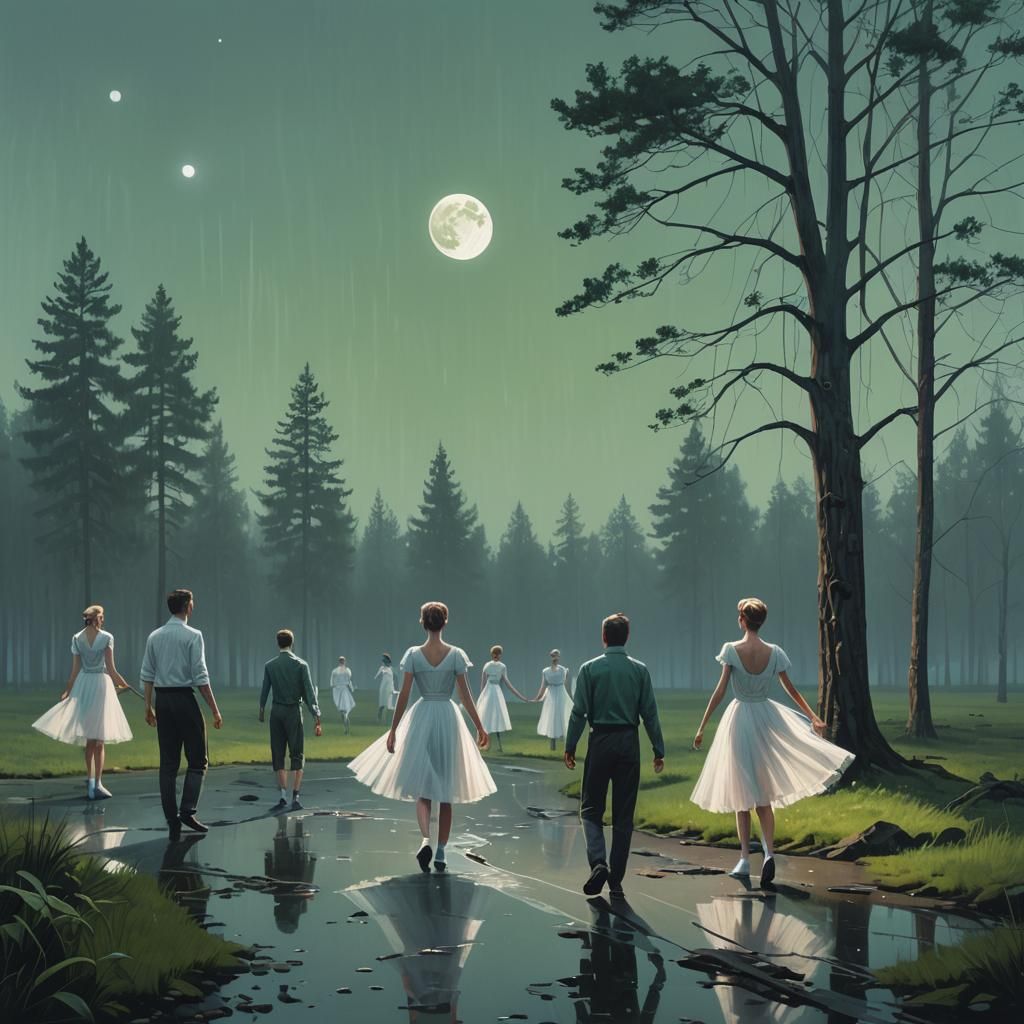 Moody Landscape with Dancers in Science Fiction Style