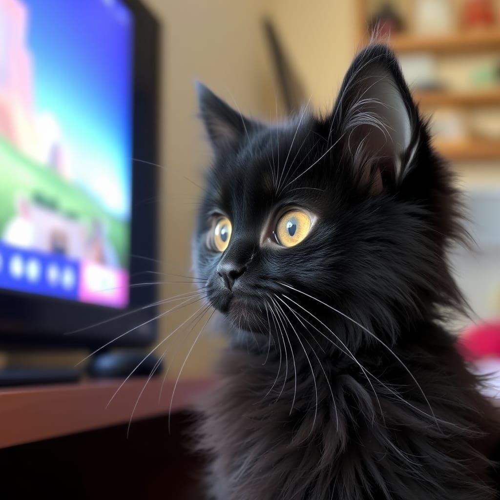 Fluffy Black Cat Watches Television