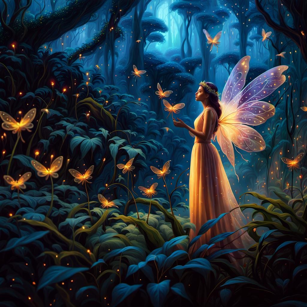 Fairy in Mystical Jungle: Polychromatic Oil Painting