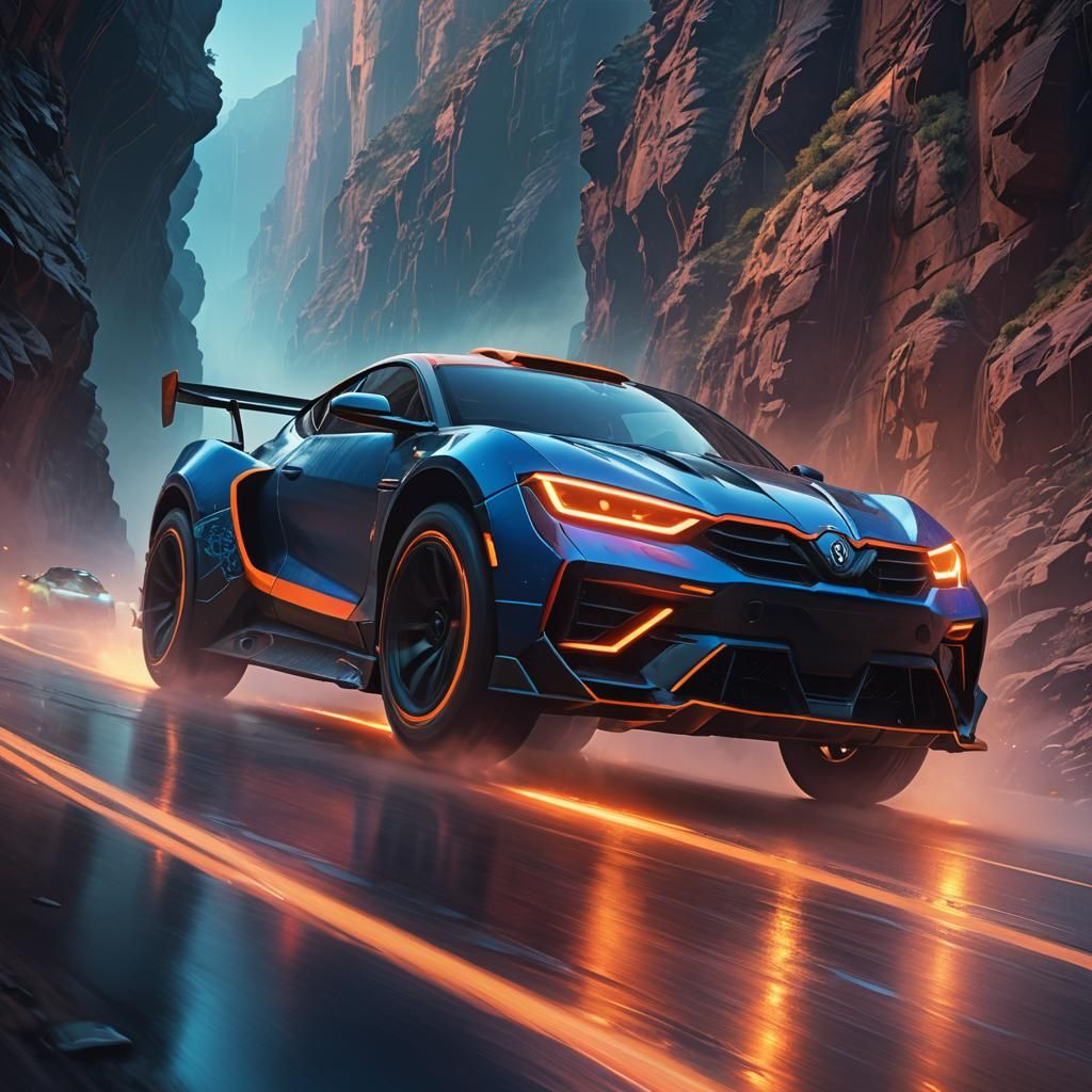 Futuristic Racing Car Speeds Through Neon Canyon