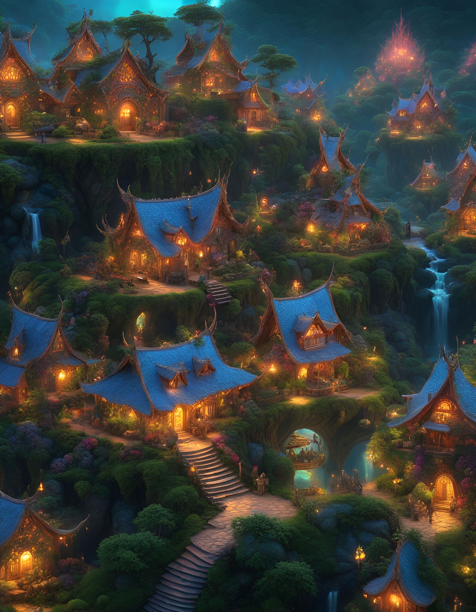 Magical Elven Village in Psychedelic Forest