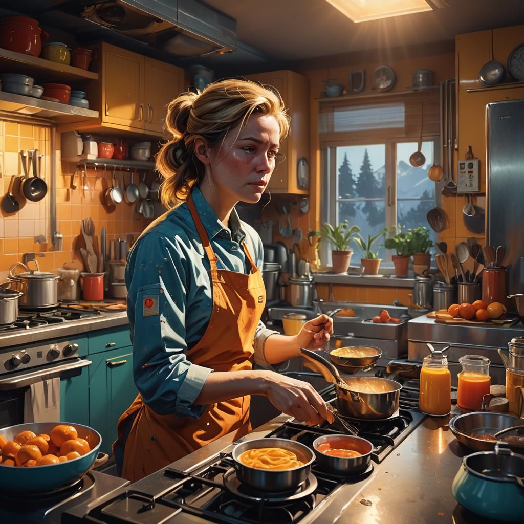 Woman Cooking in a Futuristic Kitchen in Splash Art Style