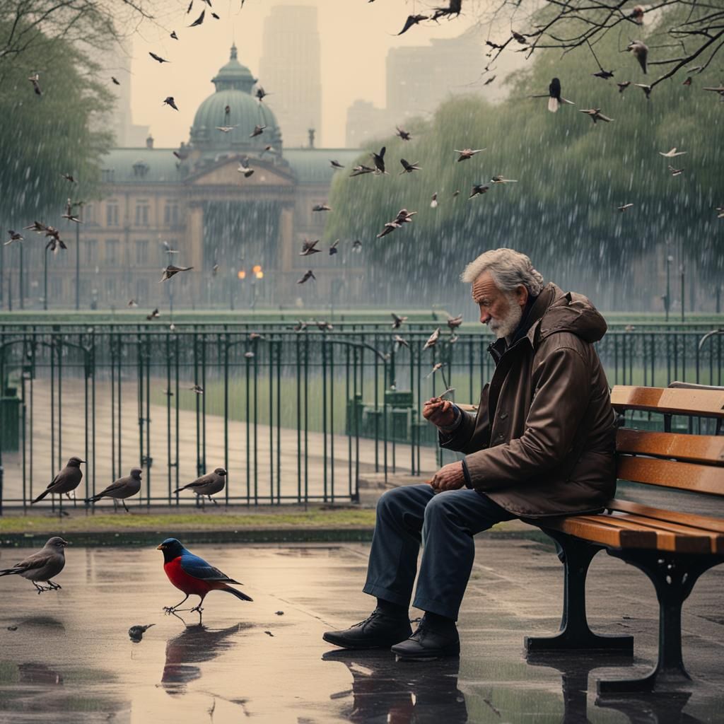 Man Feeding Birds in Rainy Park: 10K Realism