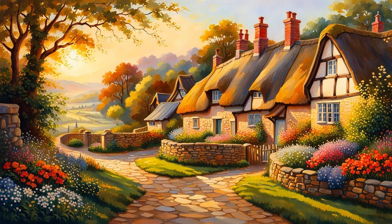 Picturesque Rural Village at Golden Hour