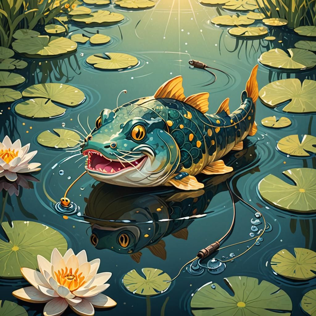 Catfish Lounging by Riverbank in Whimsical Illustration
