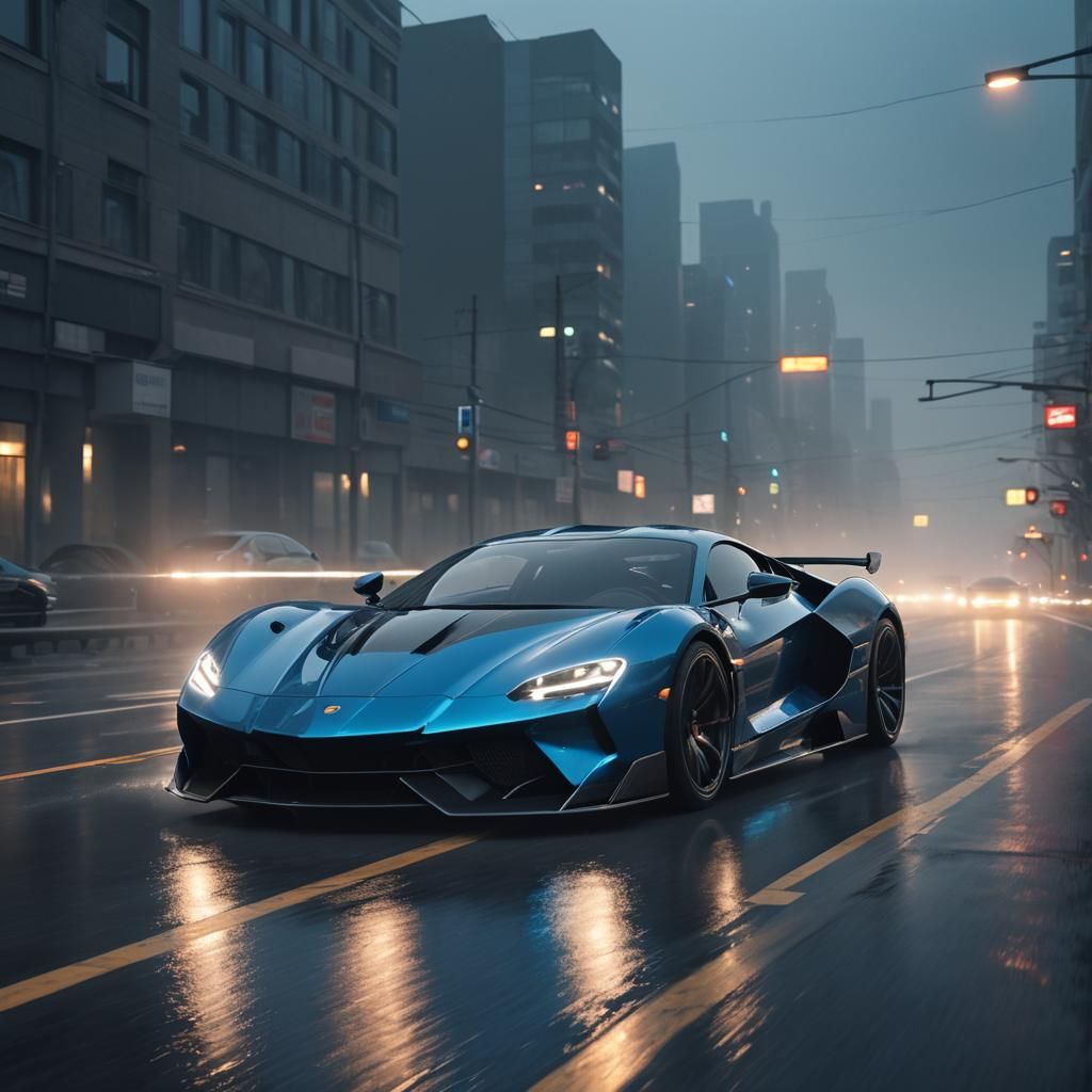 Sci-Fi Supercar on Misty Highway: 3D Rendering