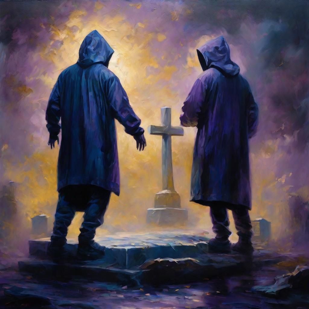 Moody Dark Fantasy Oil Painting: Hooded Figures at Grave