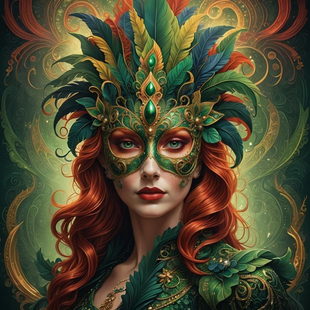 Woman with Red Hair and Mardi Gras Mask