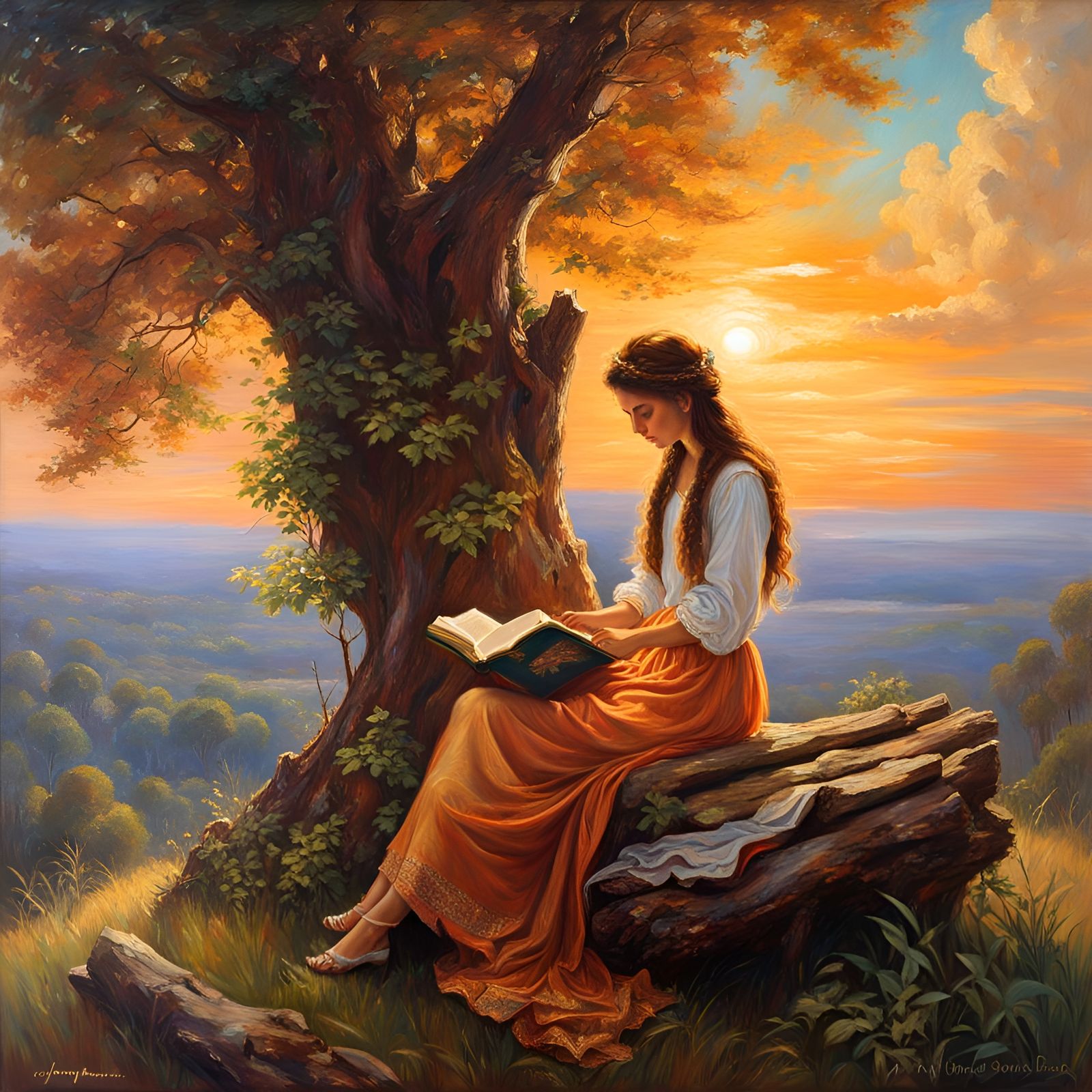 Girl Reading Book in Forest, Oil Painting