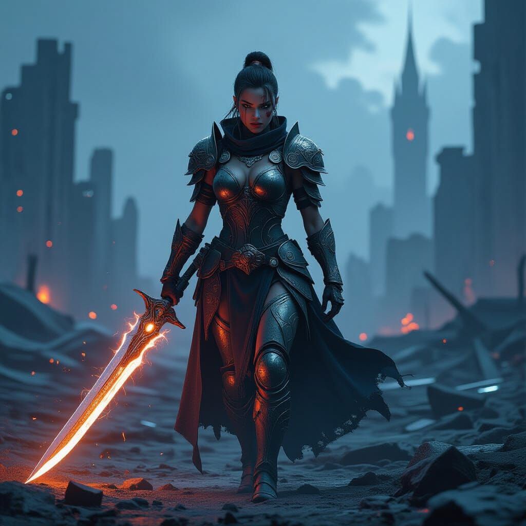 Female Warrior in Ruined City, Hyperrealistic Digital Art