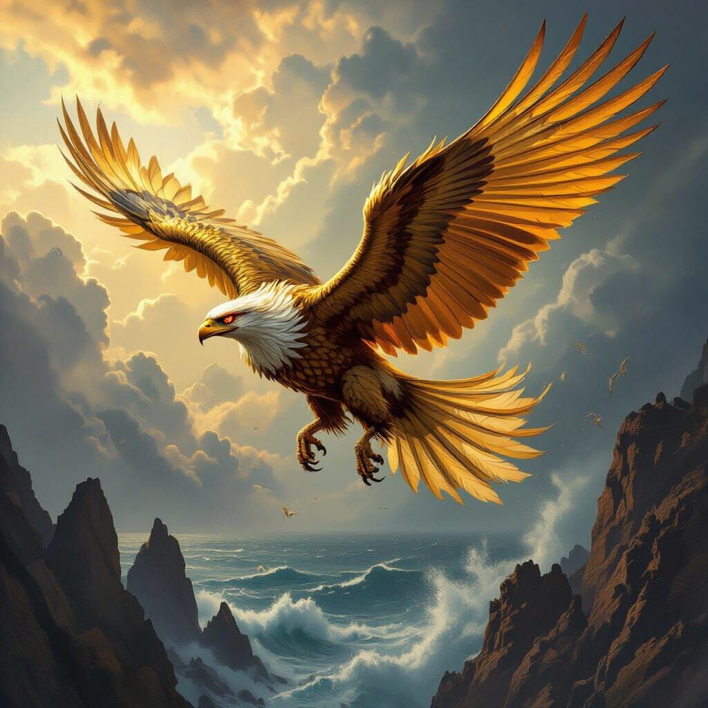Griffin Soaring Through Stormy Skies: Baroque Style