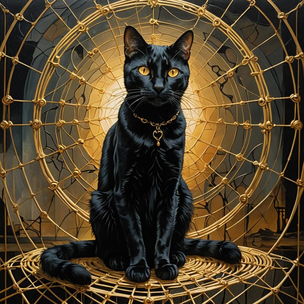 Black Cat on Golden Web: Surreal Oil Painting