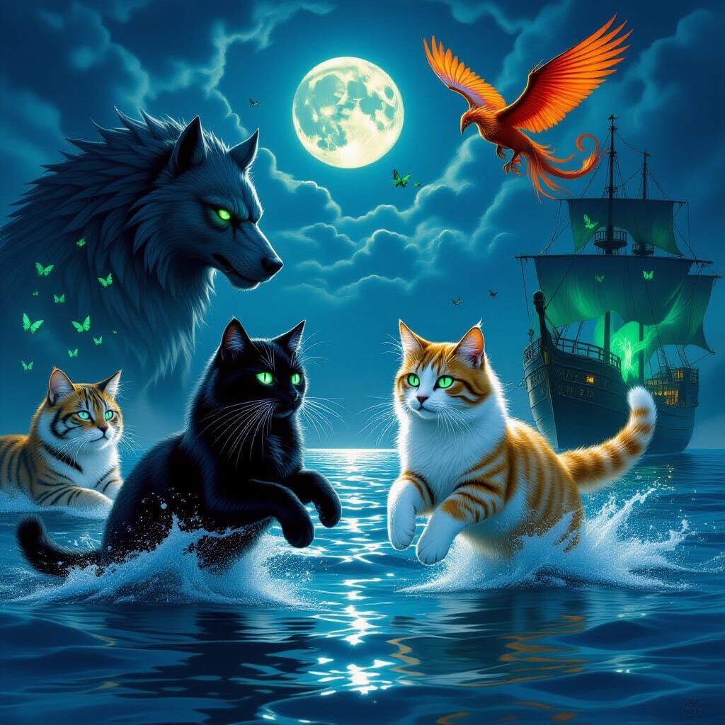 Cats Leap in Eerie Dreamscape