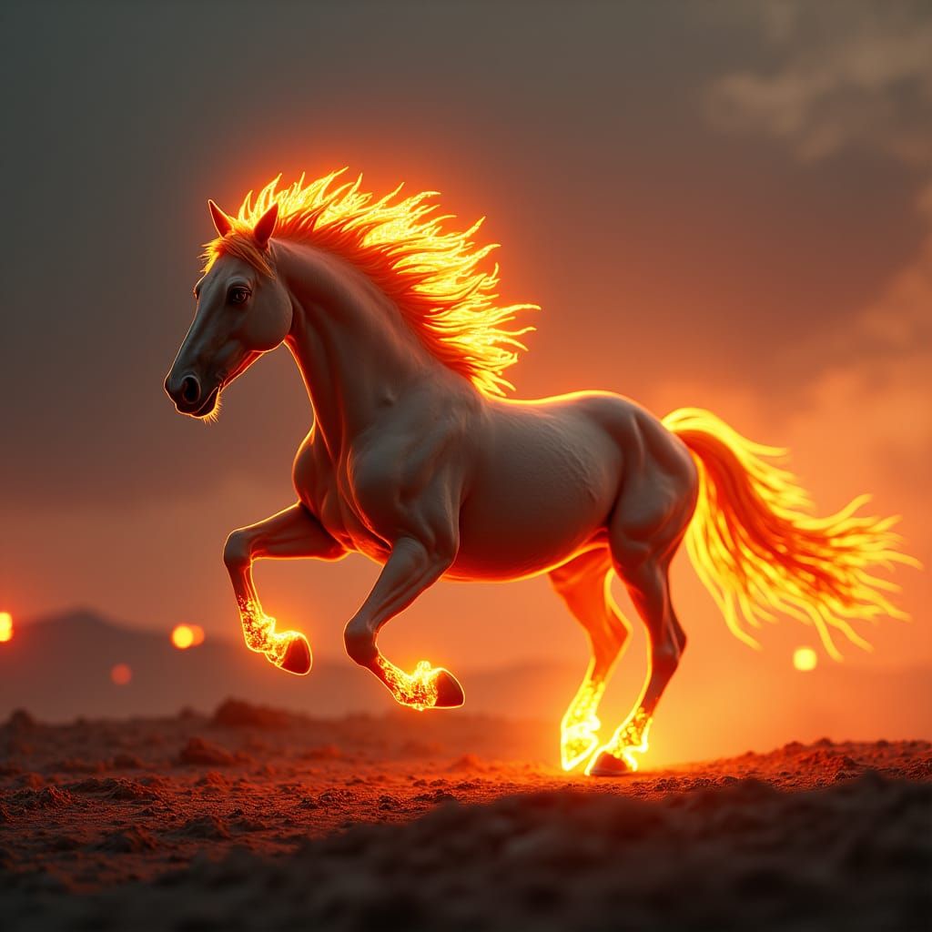 Fiery Horse Galloping Through a Smoldering Landscape