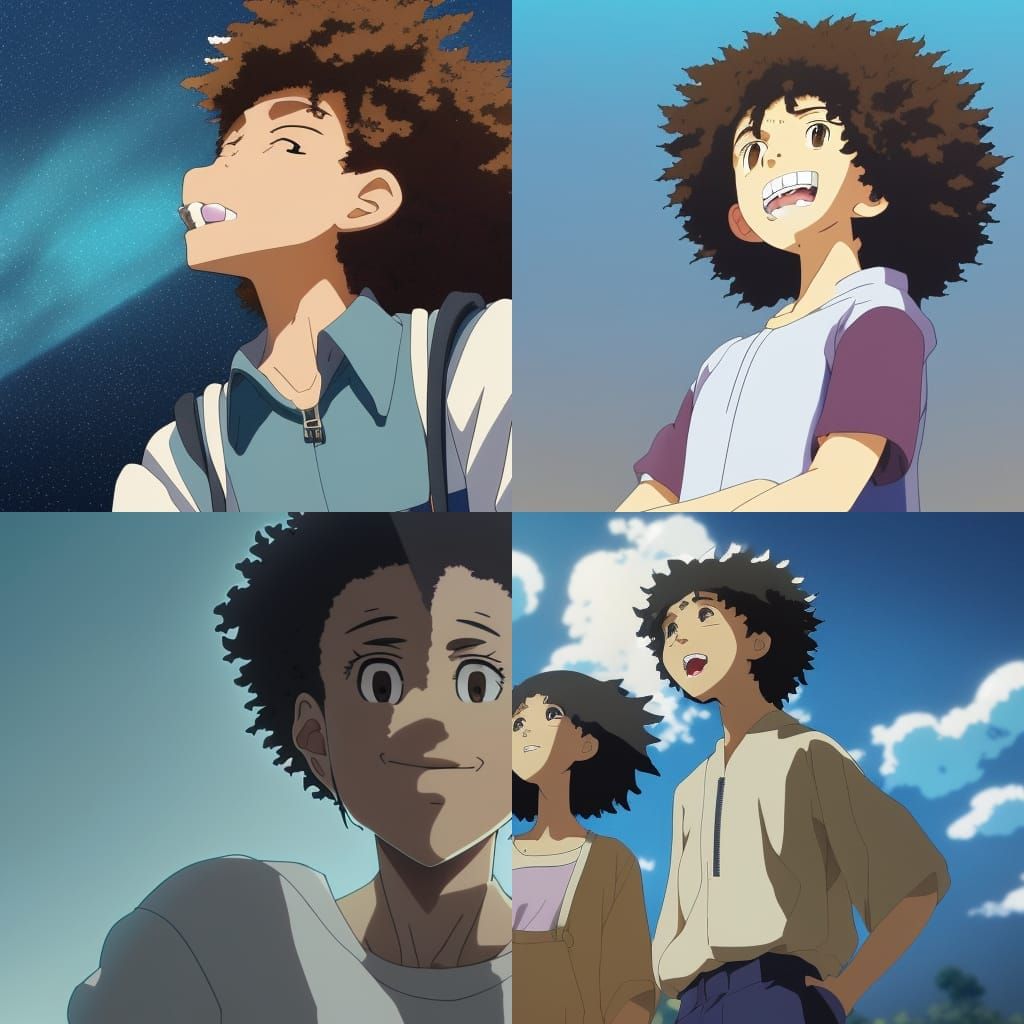 Anime Lightskin with Curly Hair, Ghibli Style