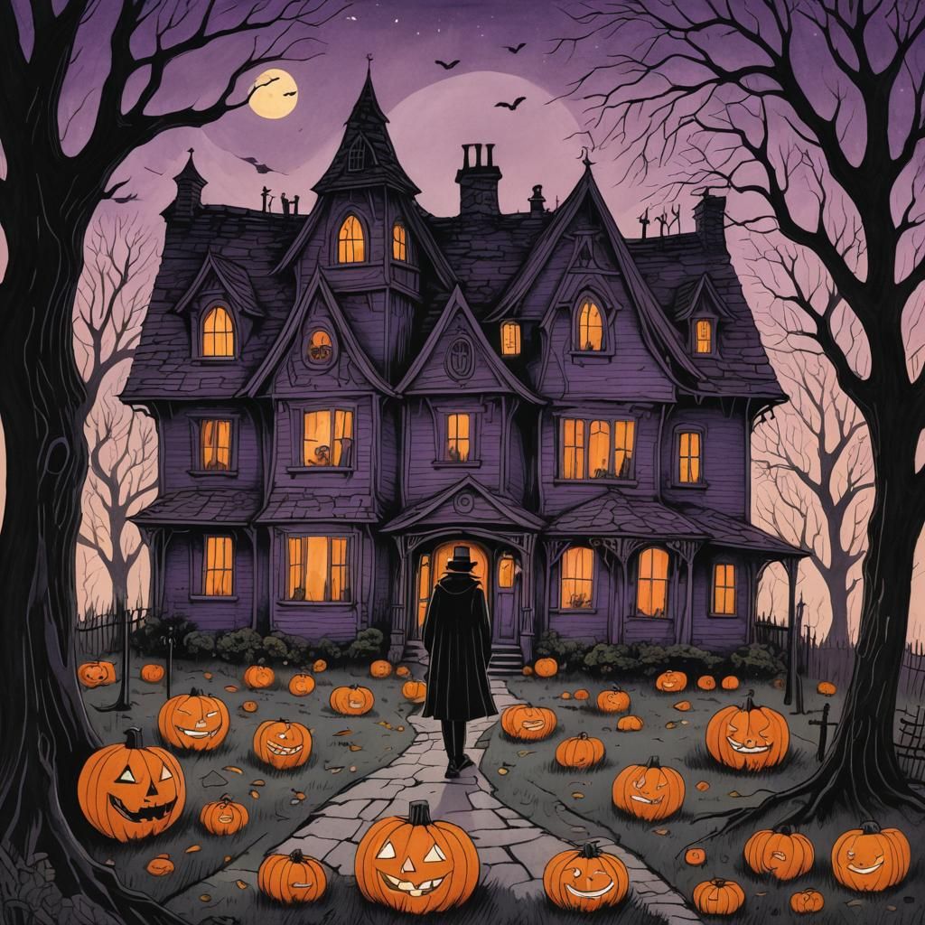 Eerie Halloween Figure in Shadows: Dark Whimsy Illustration