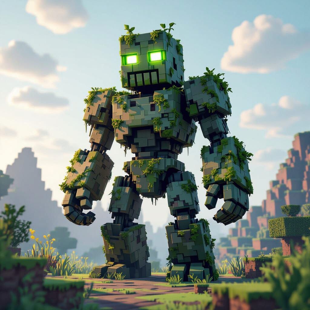 Moss-Adorned Minecraft Golem in Stylized 3D Landscape