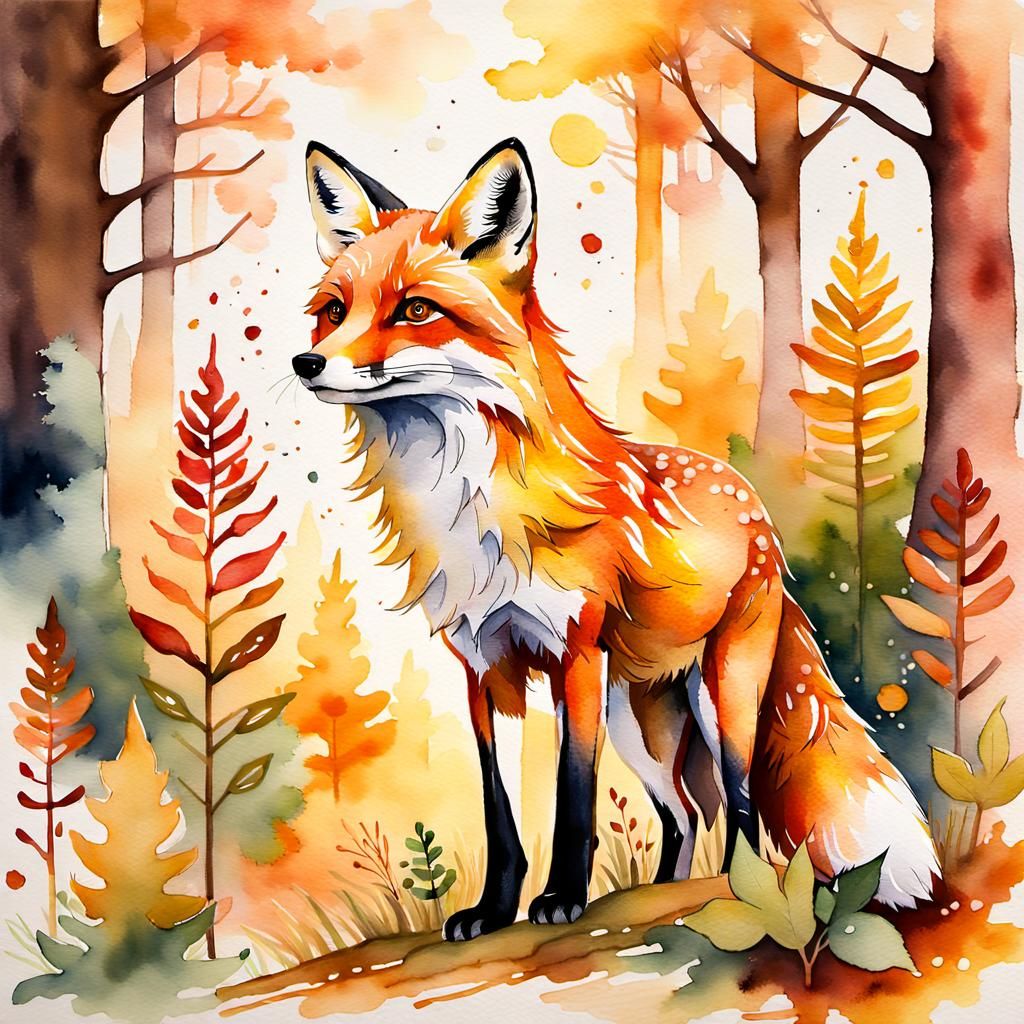 Fox in Forest: Impressionistic Watercolor Painting