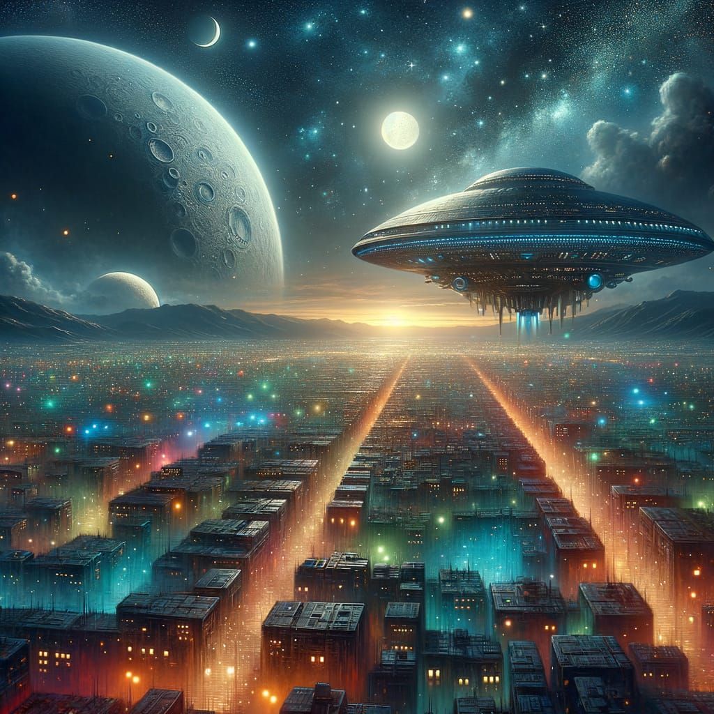 Cosmic Spaceship Illuminates City Skyline at Night