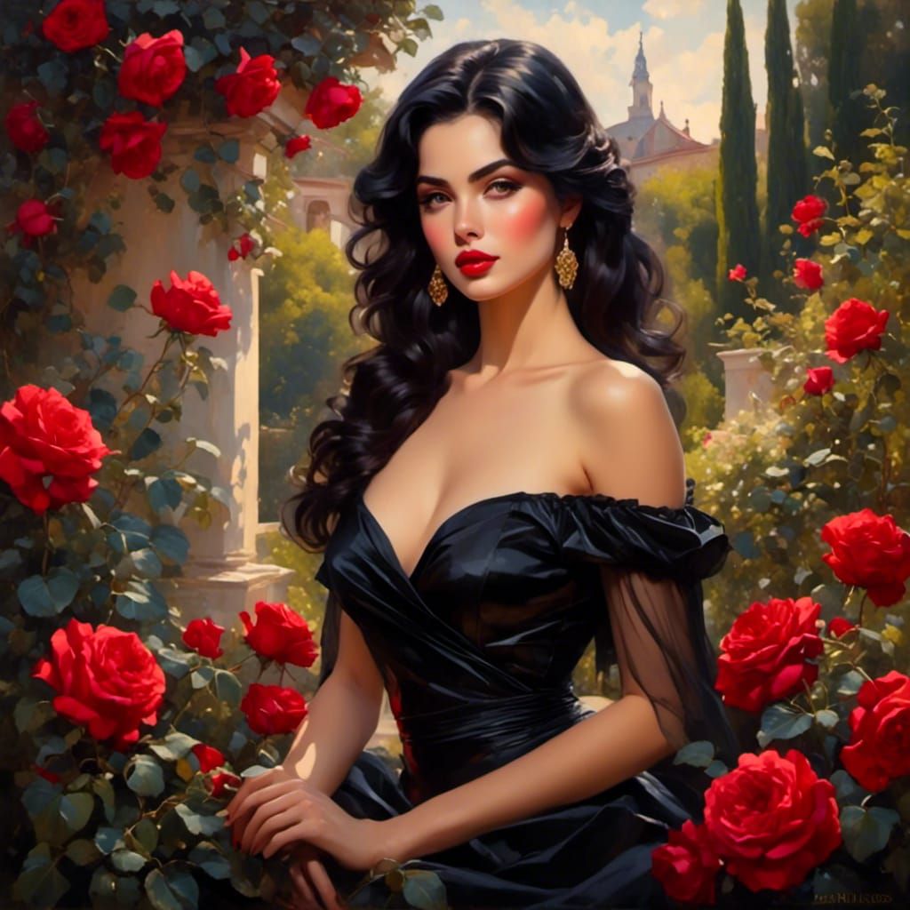 Elegant Black Hair Woman in Rose Garden