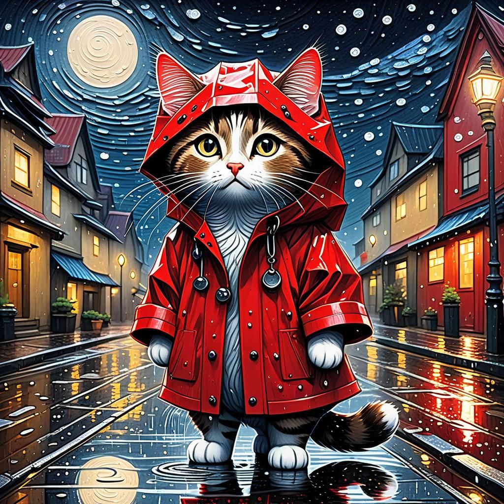 Kitty Cat in Raincoat: Starry Night Illustration