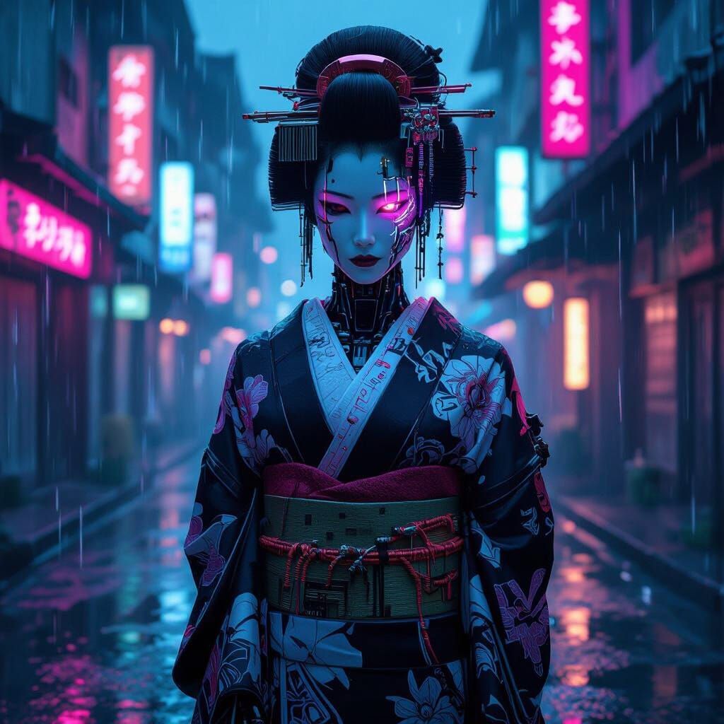 Cyberpunk Geisha Warrior in Futuristic Cityscape