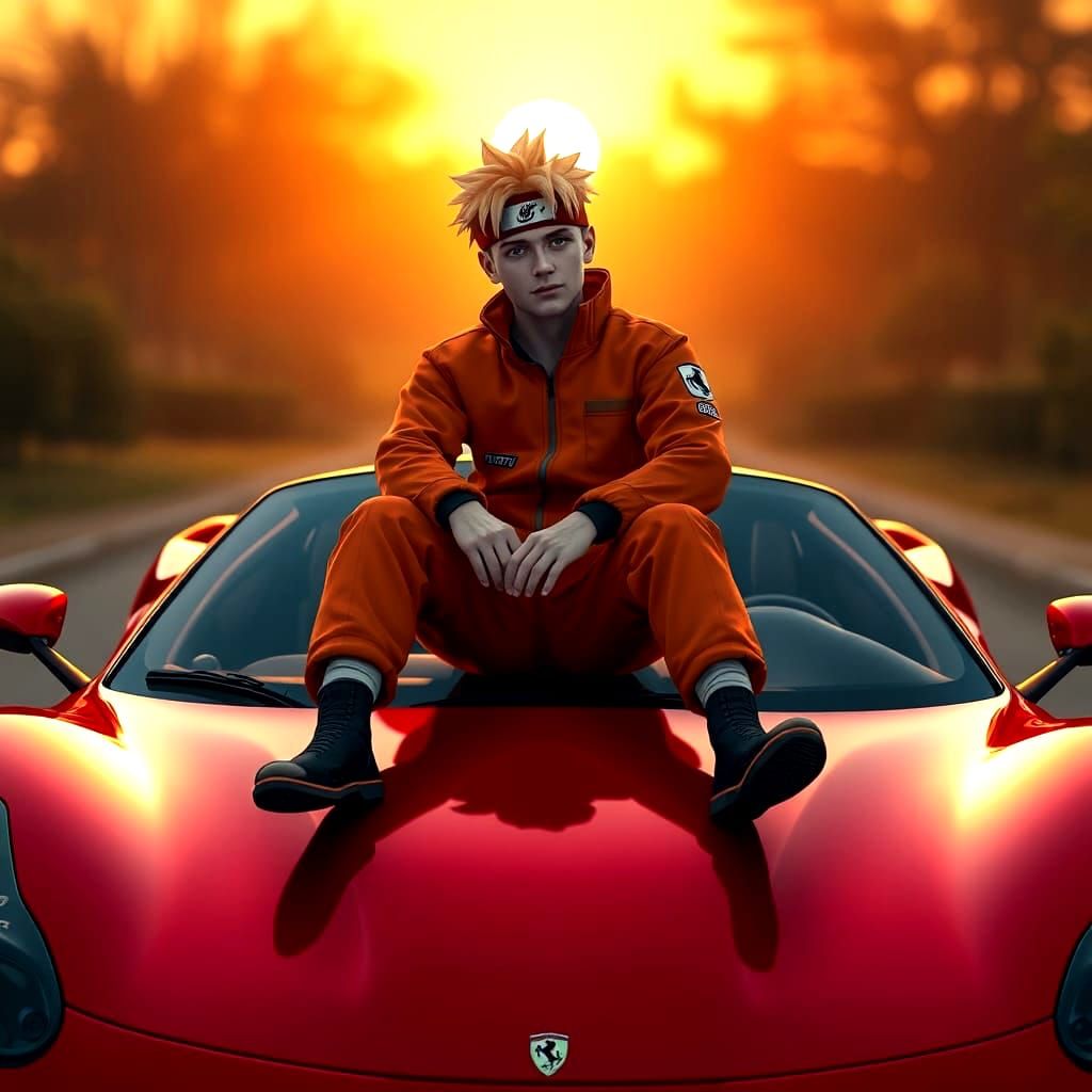 Hyperrealistic Naruto on Red Ferrari in 8k