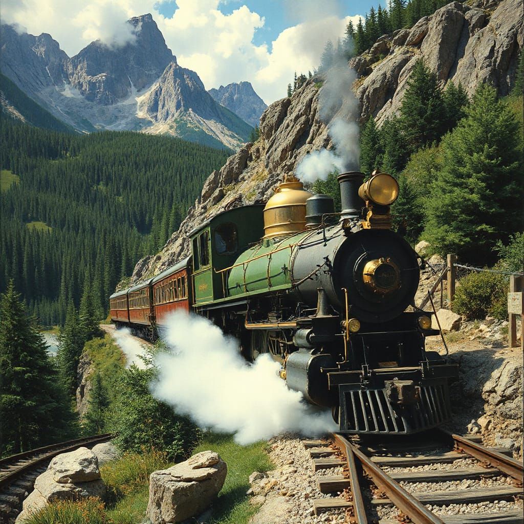 Vintage Steam Train on Mountain Track
