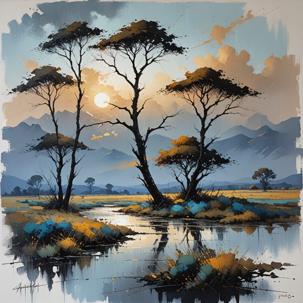 Dramatic Mountain Landscape Oil Painting with Golden Hour Li...