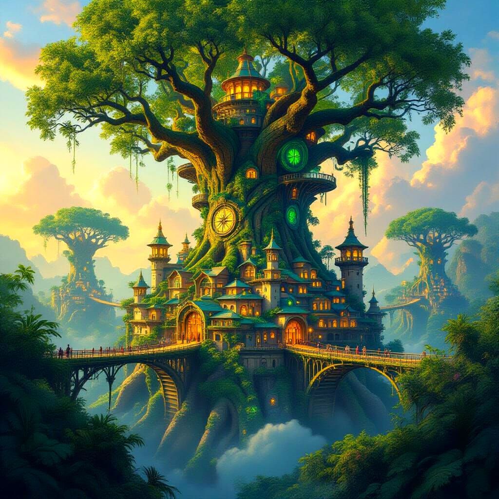 Fantastical Tree City in Bioluminescent Jungle