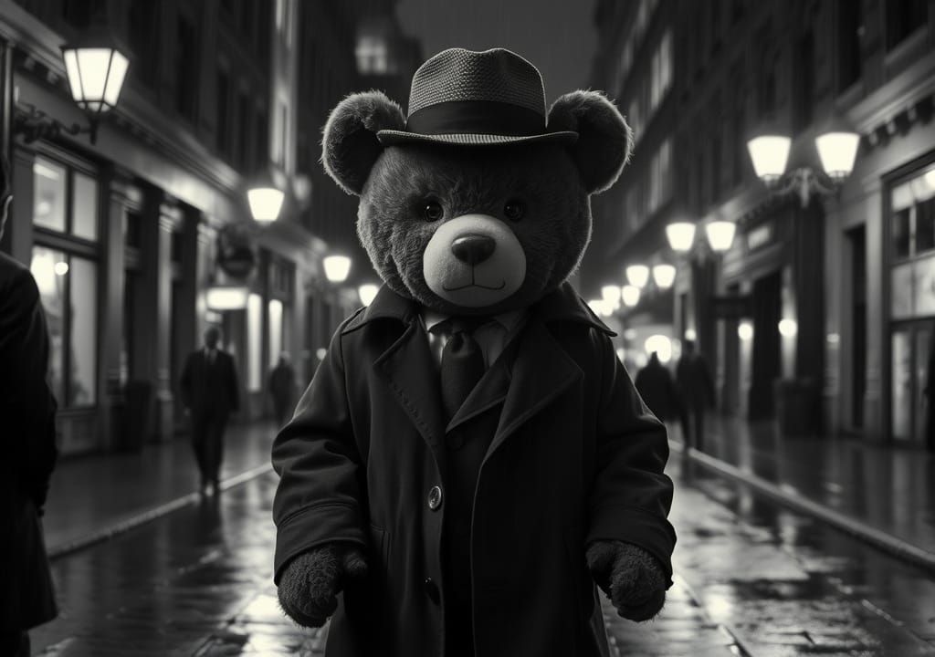 Film Noir Teddy Bear Detective in the Rain