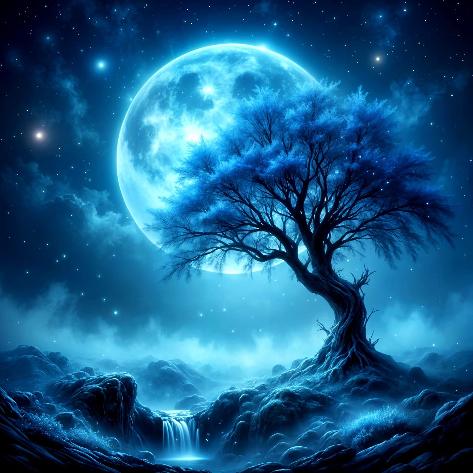 Misty Valley Enchantment with Lone Tree and Blue Moon