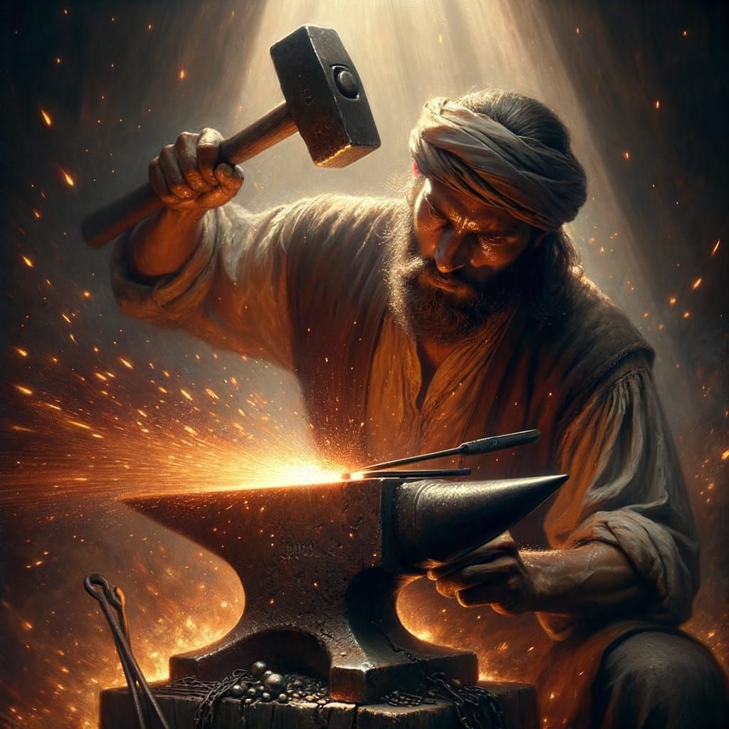 A medieval blacksmith, sweat beading on their brow, hammer poised mid-swing over a glowing anvil. Sparks fly, catching t...