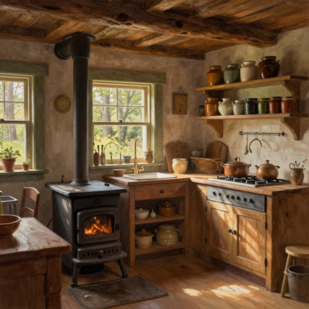 Cozy Sunlit Antique Kitchen in Forest Cottage