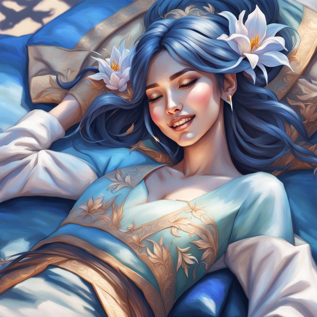 Smiling Asian Beauty on Lily Cushion