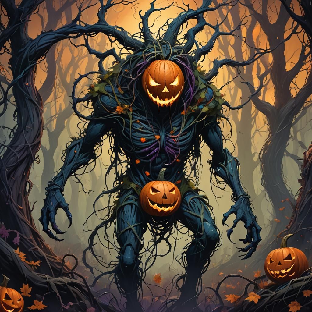 Eerie Vine Creature with Jack-o-Lantern Head