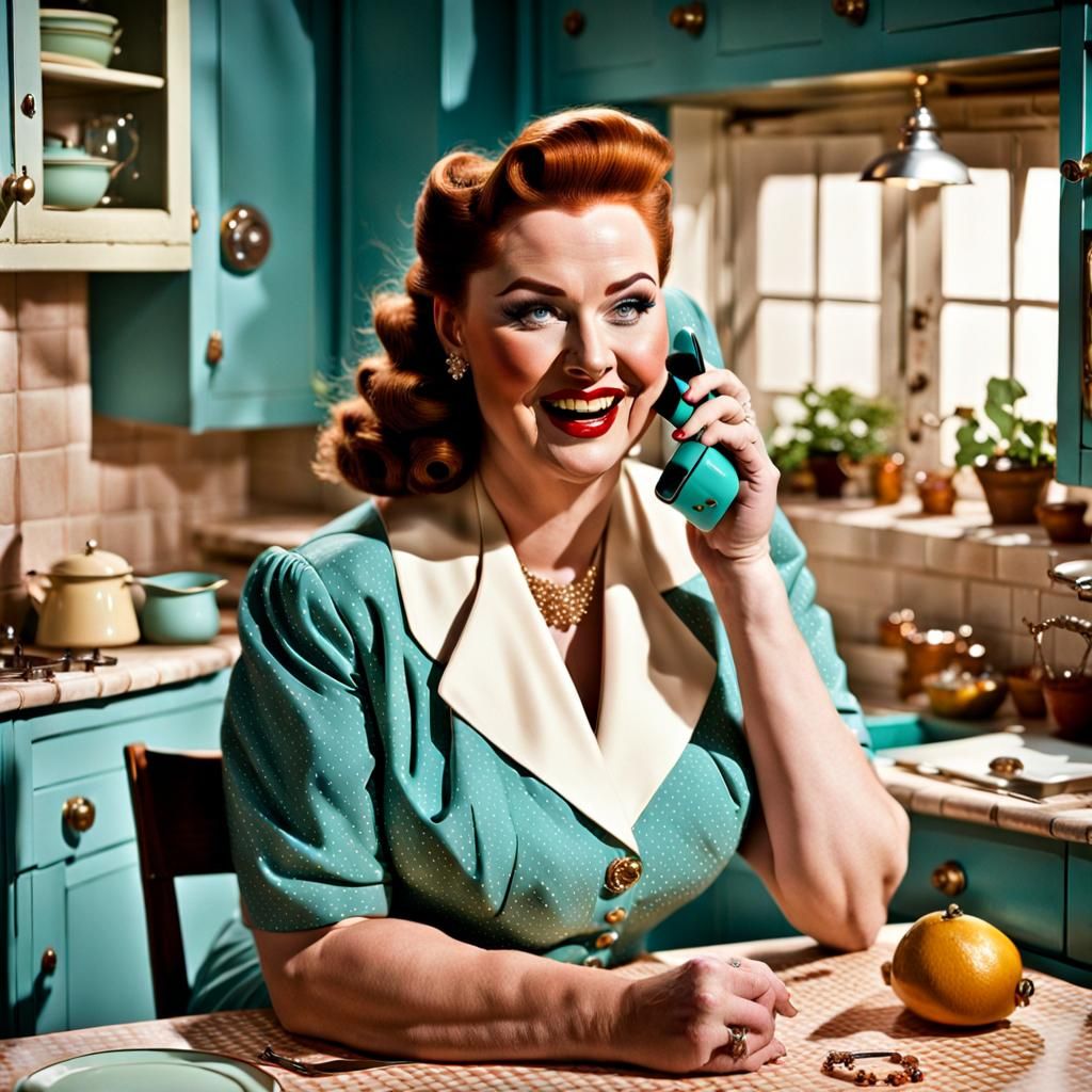 Curvy Woman in 1950s Kitchen, Hyperdetailed Concept Art