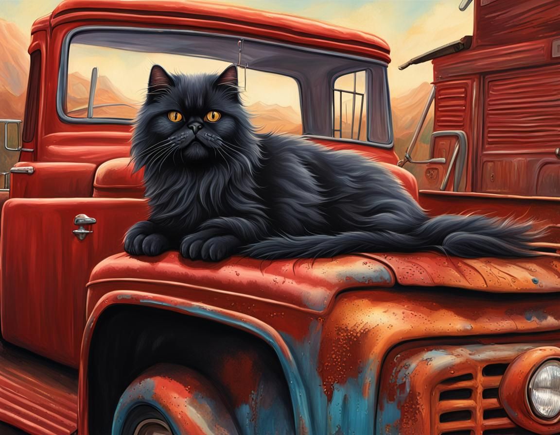 Black Persian Cat on a Rusty Red Truck