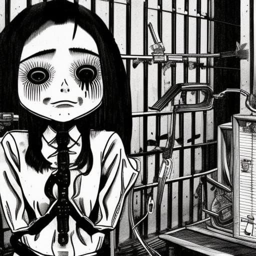 Creepy Disfigured Girl in Junji Ito Style