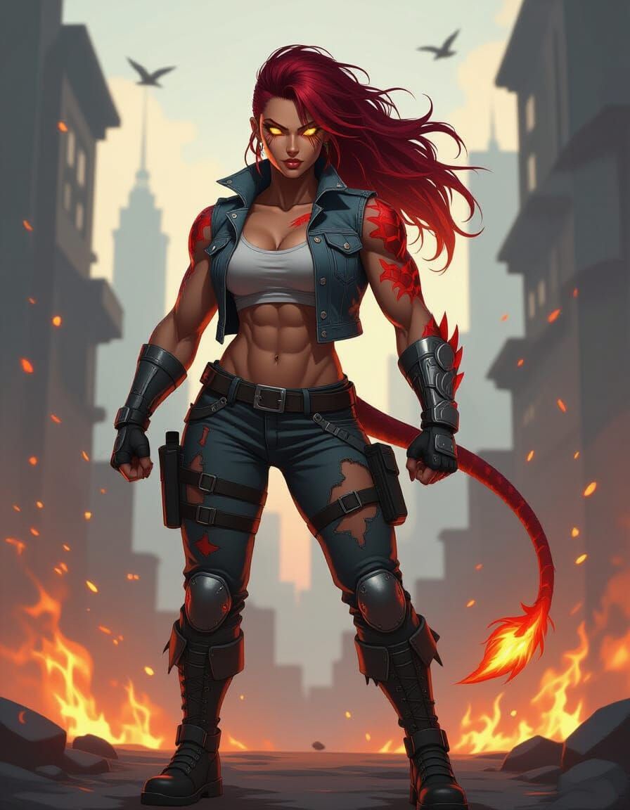 Fiery Anime Warrior Woman on Battlefield