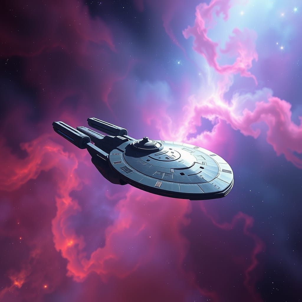 USS Voyager Navigates Vibrant Nebula in Digital Matte Painti...