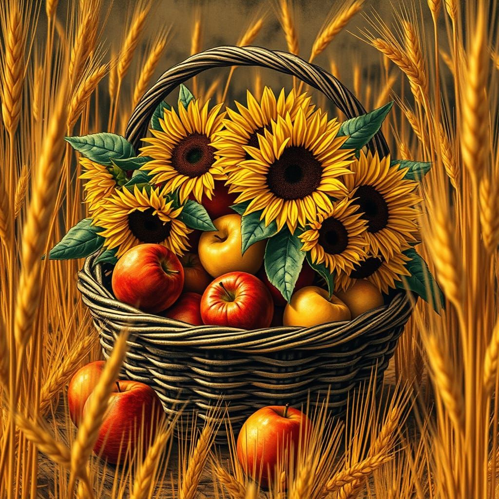 Harvest Basket with Apples and Sunflowers in Wheat Field